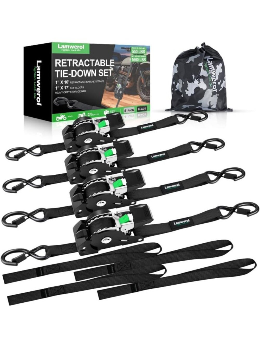 Heavy-Duty 1in x 10ft Retractable Ratchet Straps - 1,650lb Break Strength